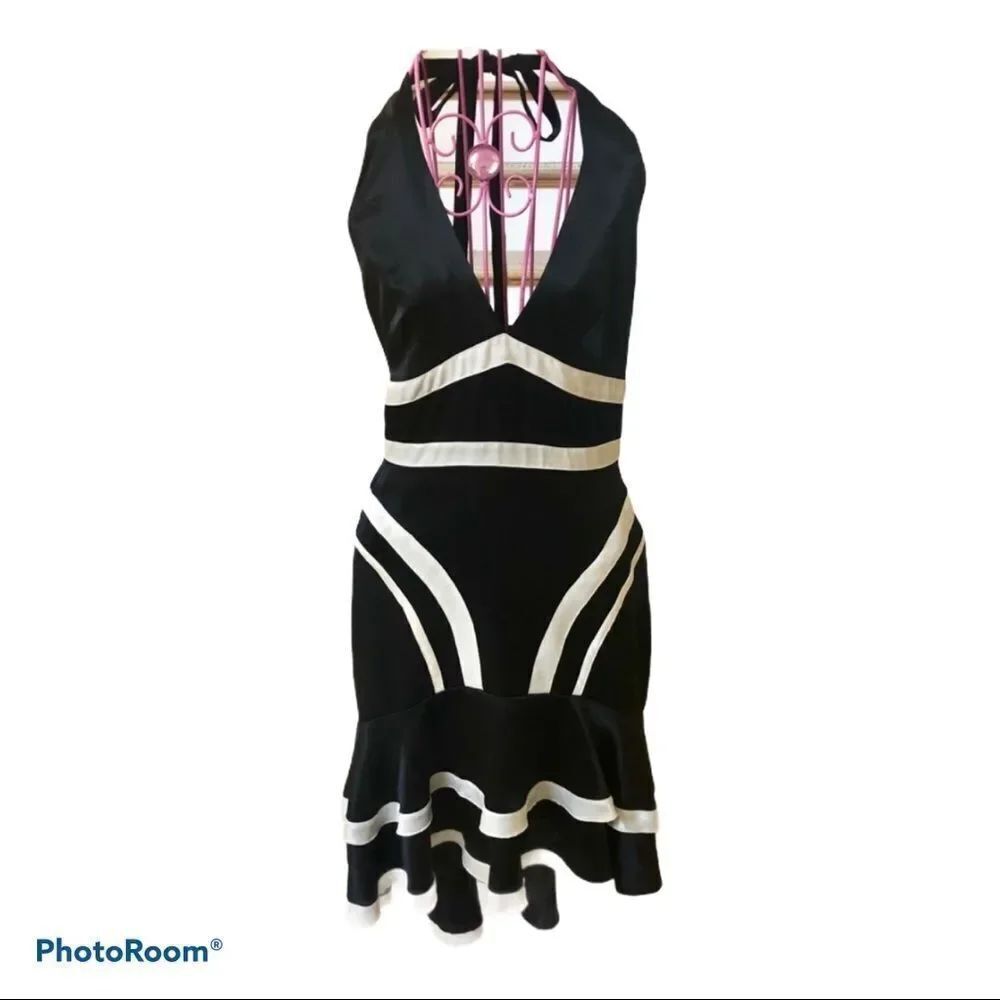 Bebe Y2K vintage black white halter high low open back mini bodycon dress XS